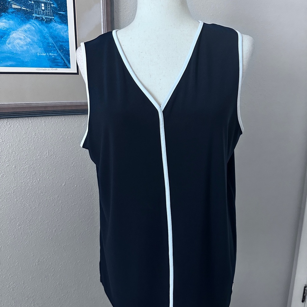 Anne Klein Black Sleeveless V-Neck Top with White Trim